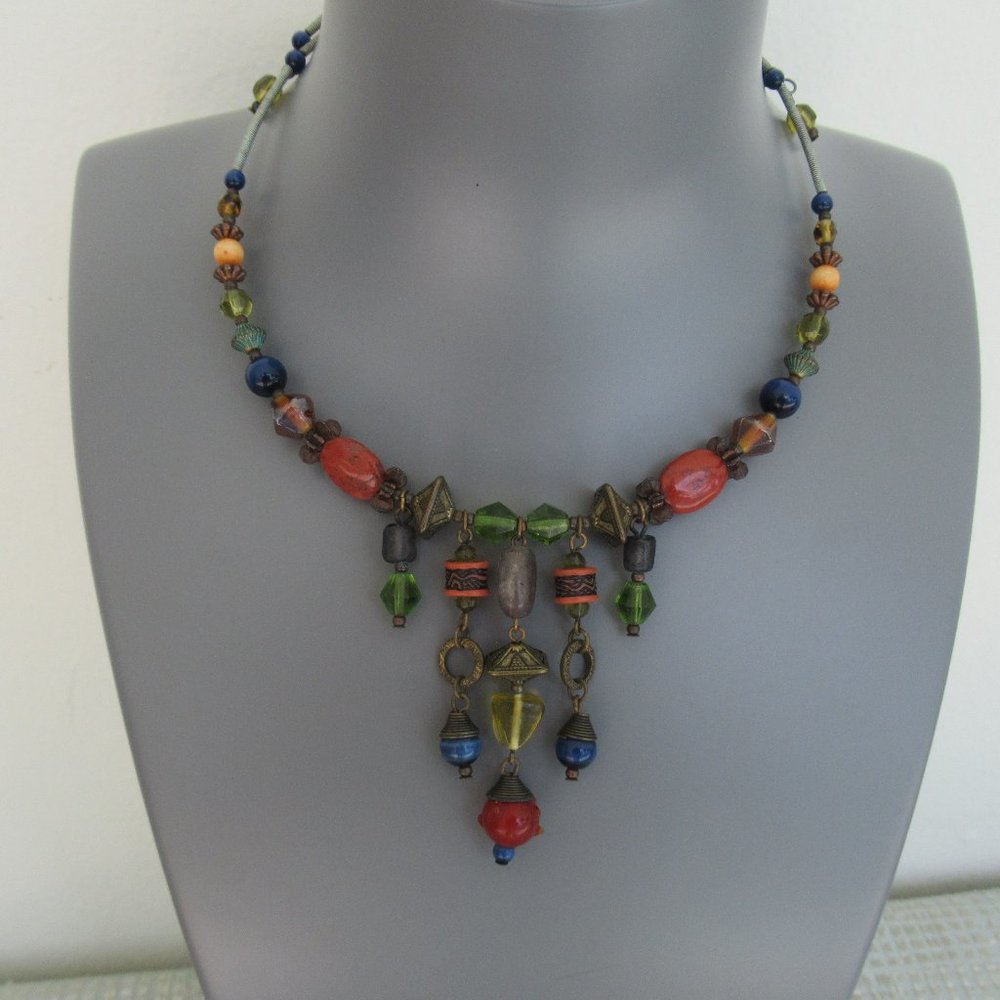 Beaded Choker Necklace Adjustable One Size Fits Most Wired with Multicolor Beads